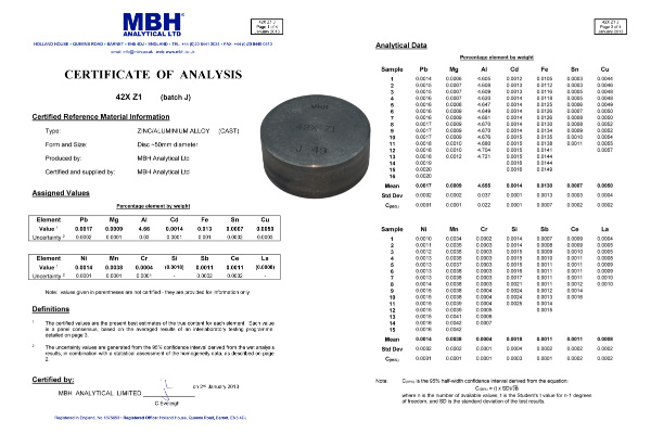 MBH 42XZ1鋅標樣 MBH 42XZ1鋅標樣